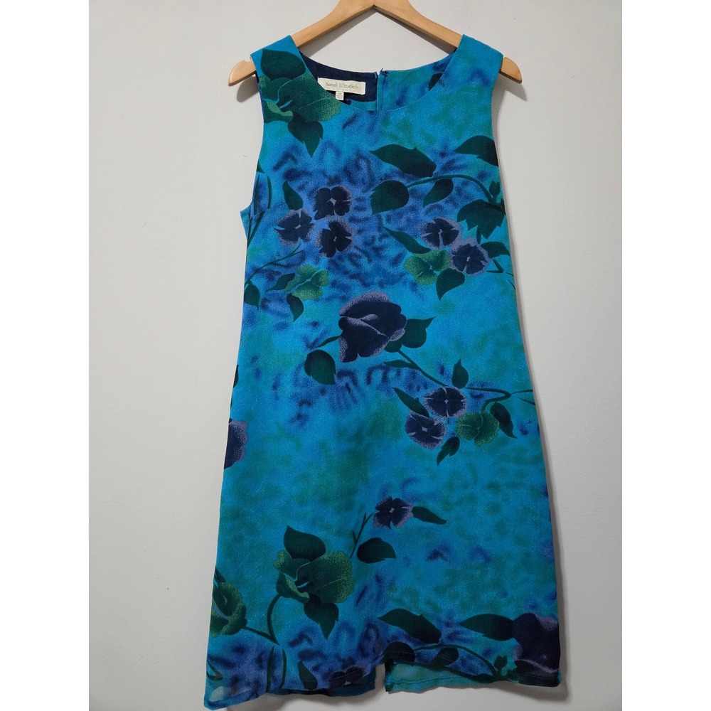 Sarah Elizabeth Blue Teal Floral Watercolor Sleeveless Shift Dress Size 12
